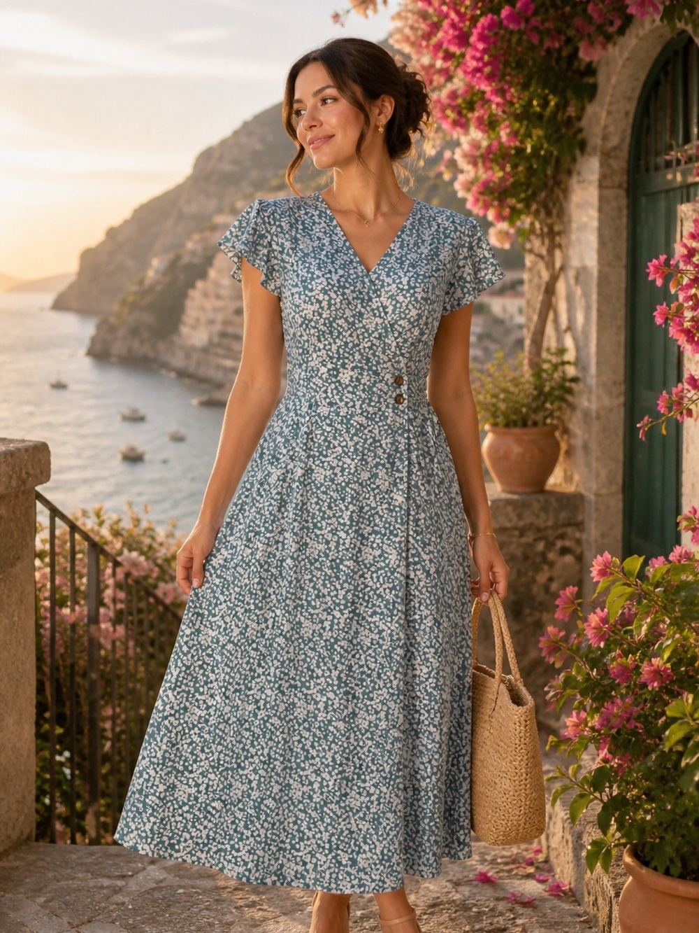 Sienna Sky Teal Floral Wrap Midi Dress